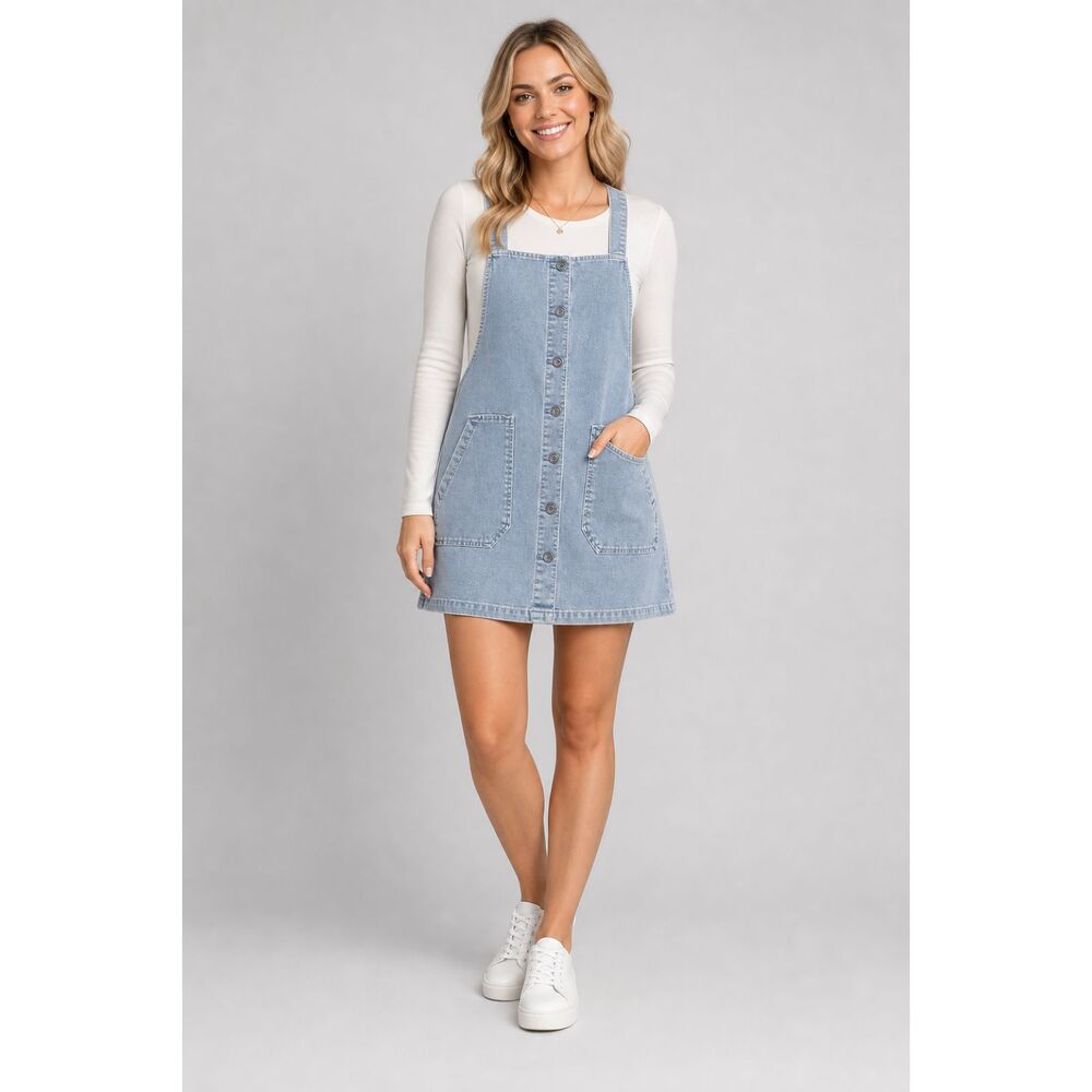 American Eagle Corduroy Overall Skirt Jumper Dress Light Blue Sz S Pockets